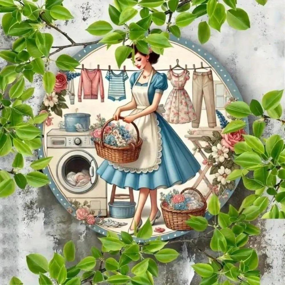 Metal Wall Art Decor Modern Laundry Girl Design Round Home Decor Kitchen Cafe Garage Wall Decoration
