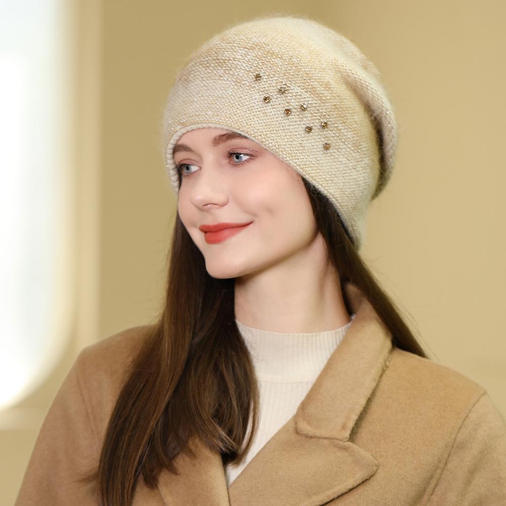New Women Rabbit Fur Gradient Winter Hat Fashion Decorate Beanie Hat Warm Winter Cap for Female Casual Streetwear Knitted Hat