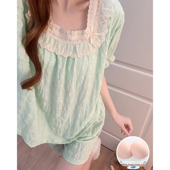 2026 Summer Women's Cotton Pajama Set with Built-in Bra, Lace Trim & Short Sleeves