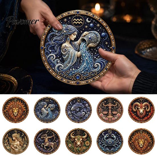 12 Zodiac Signs Faux Pearl Decor Sign Art Kit, DIY Painting Handmade Picture Kit Kits, Round 3D Constellation Wall Craft for Adults, Home Decoration