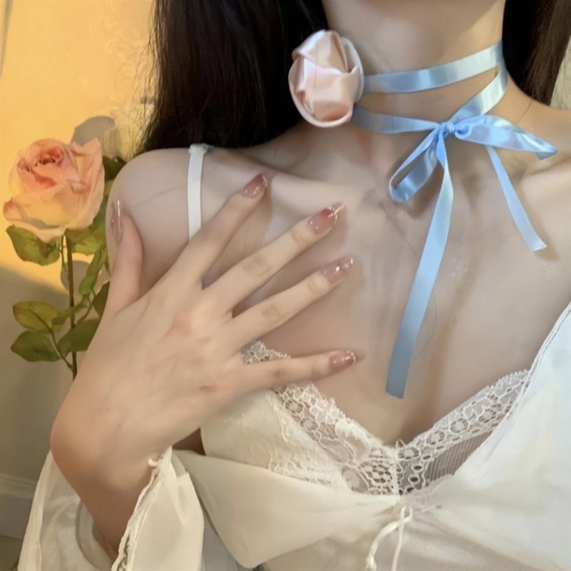 Flower Choker Necklace Soft Fabric Material Flower Choker Rose Ribbon Necklaces Cloth Accessories for Women Teen Girls