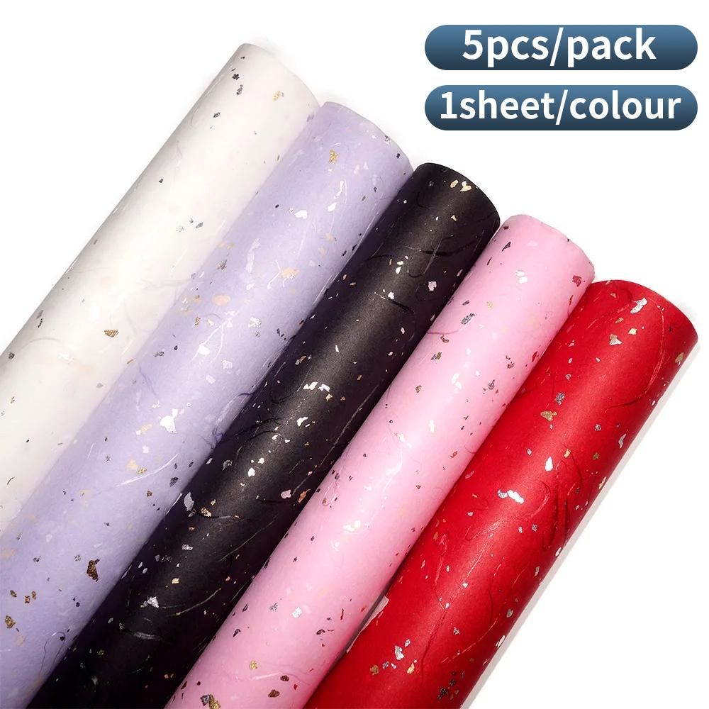 Korean Floral DIY Wrapping Paper Set - 5 Sheets, 6 Colors, Gold/Silver Sparkles, Waterproof for Bouquets & Gifts