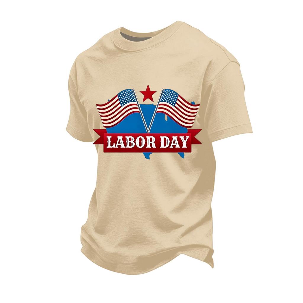 Men's Loose Fit Short Sleeve Casual T-Shirt Labor Day Printed Crew Neck Cotton Blend Top for Everyday Wear