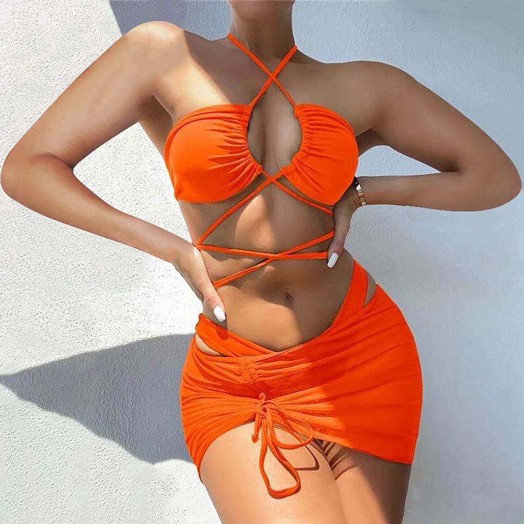 Women's Summer Fashion Sexy Color Backless Lace-up Waist Pleated Knotted Bikini Three-pieces Swimsuit