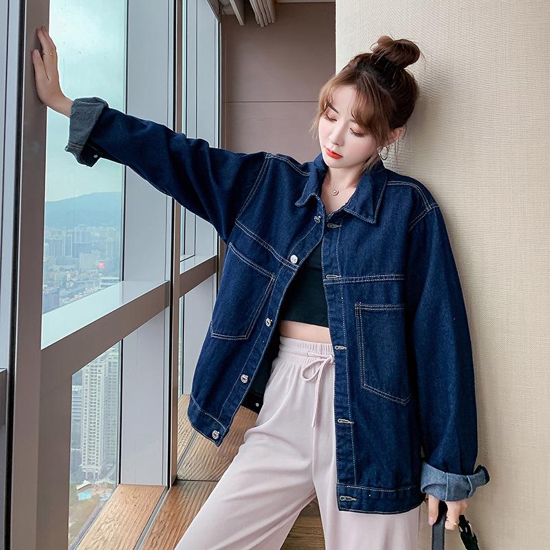 

Универсальная джинсовая куртка в американском стиле: Повседневный свободный длинный рукав с воротником рубашки S темно-синий