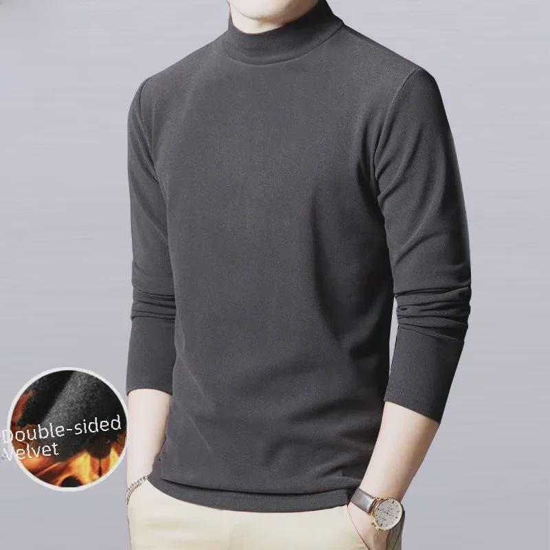 Men's Printed Warm Long-Sleeve Velvet T-Shirt with Double-Sided Velvet and Half-High Collar – Autumn/Winter Style
