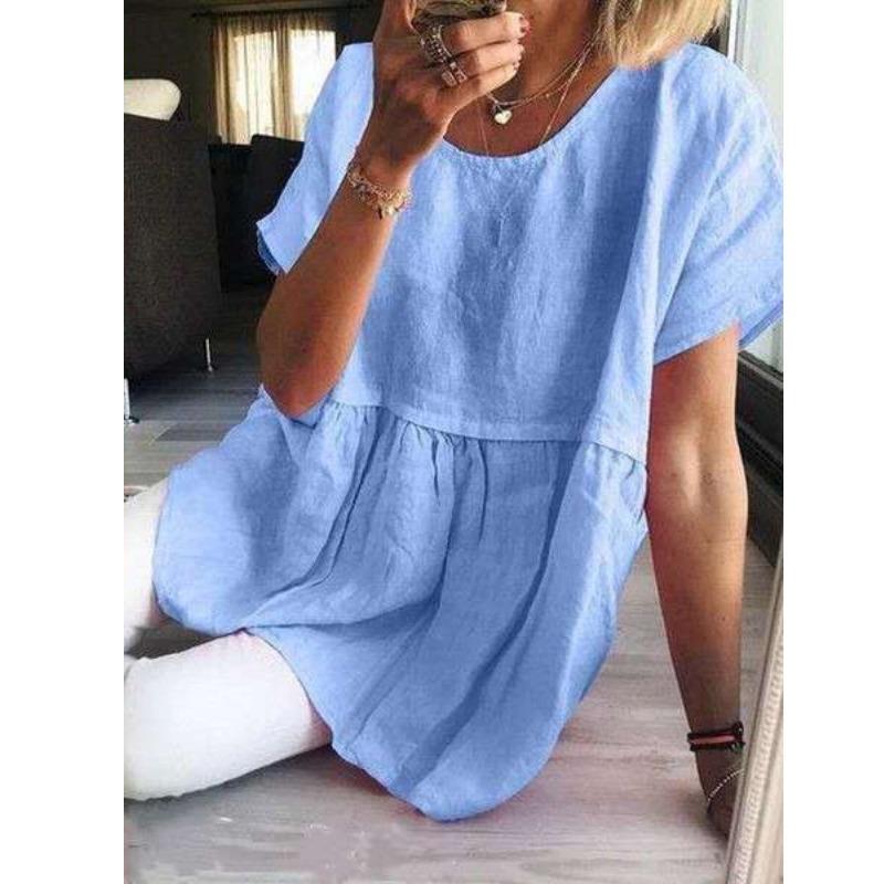 

Fashion O Neck Short Sleeve Casual Long Blouse Solid Color Pleated Tops Plus Size Office Elegant Simple Loose Summer Sweet Shirt Dress Women Clothing XXXXL світло-синій колір