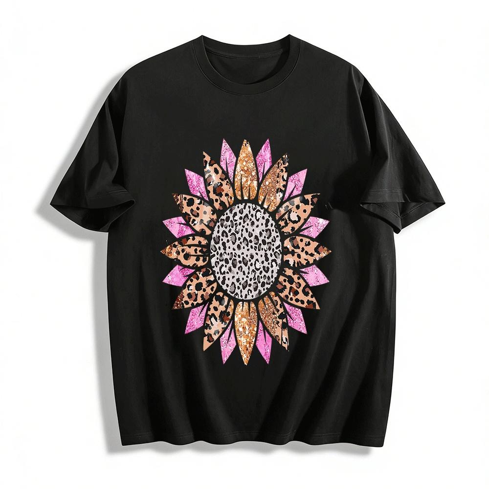 Leopard Print Glitter Sunflower Graphic Casual T-Shirt Pure cotton T-shirt XXS