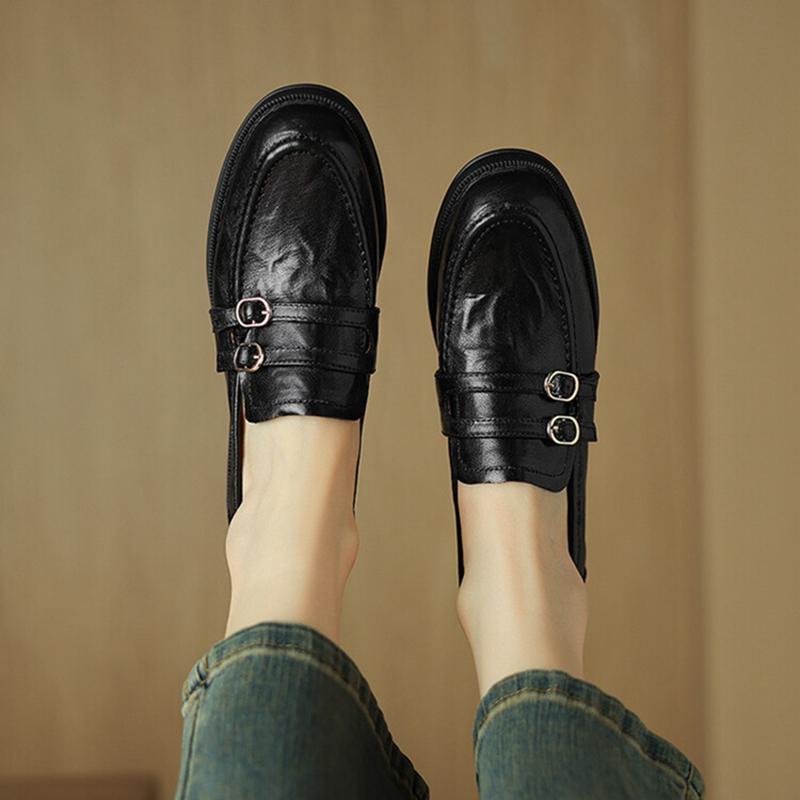 Fashion NEW Spring/Autumn Women Loafers Genuine Leather Shoes for Women Round Toe Chunky Heel Black Shoes Concise High Heel Women Pumps