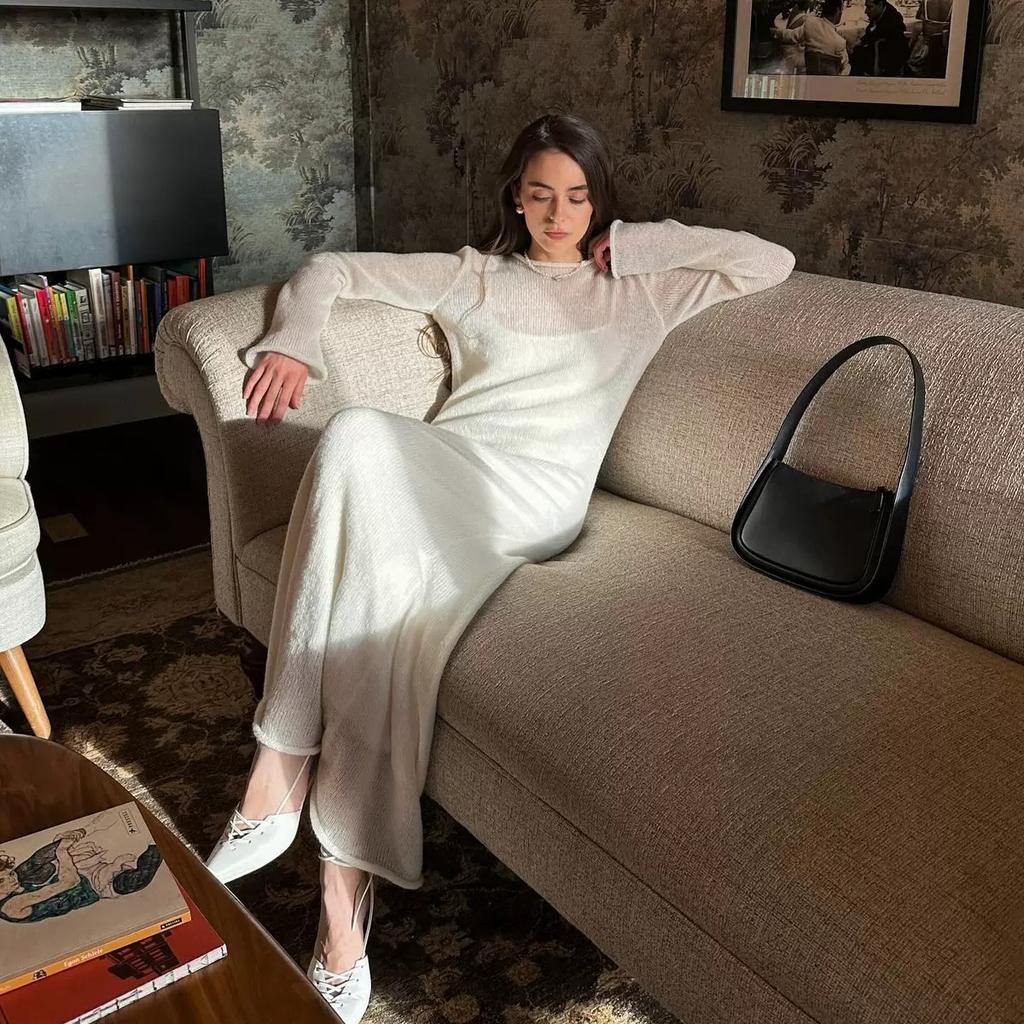 LYRIA Spring Autumn O-Neck Elastic Knit Long Dresses Women Elegant Chic Soft Lady Hollowing Sweater Dresses Femme New