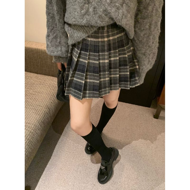 

Kumikumi Preppy Style Retro Gingham High Waist Skirt Women s Autumn Slimming All-Matching Youthful-Looking Pleated Skirt Skirt Gray blue lattice S