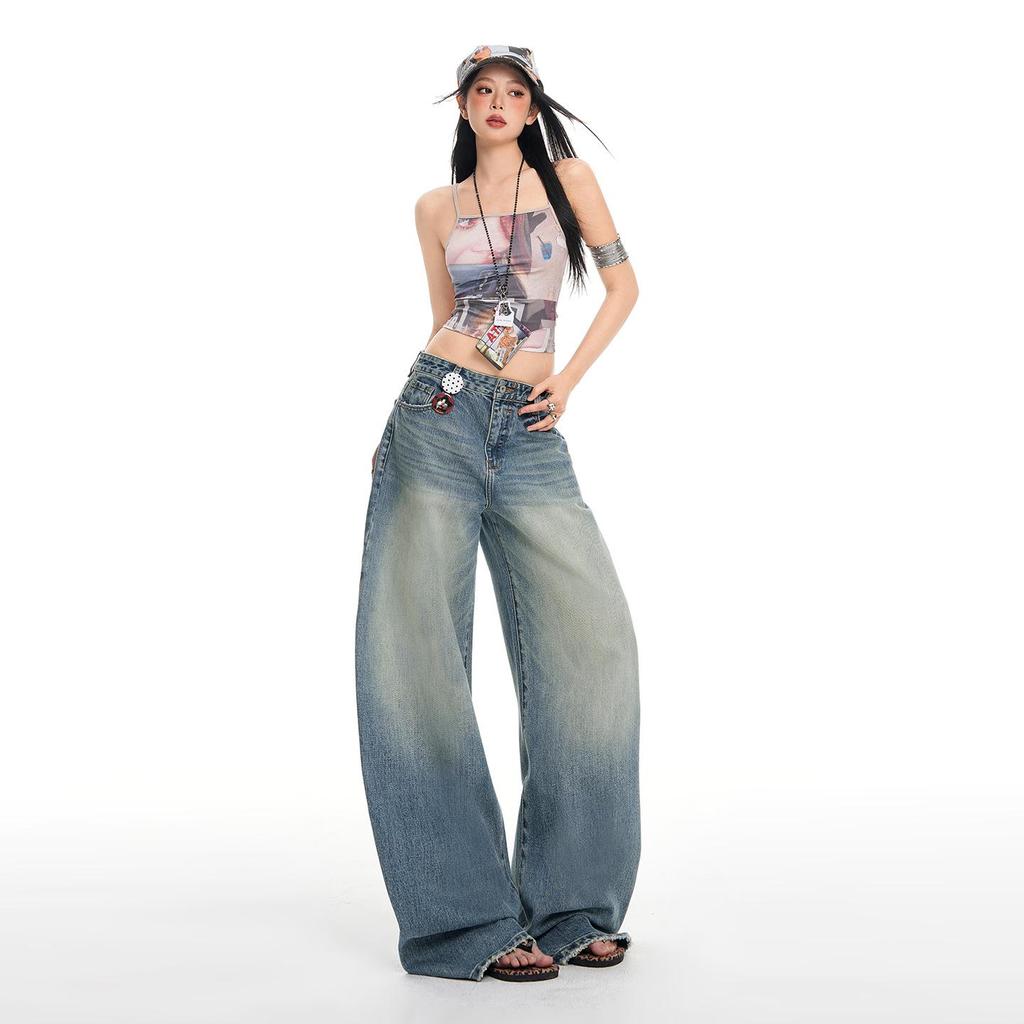 Women's American Washed Retro Wide-Leg Jeans - 2026 Spring High-Waisted Flattering Fit.