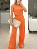 1116 Women's Summer Suit European and American Solid Color Water Wave Crew Neck Vest Top Straight Pants Two-piece Set