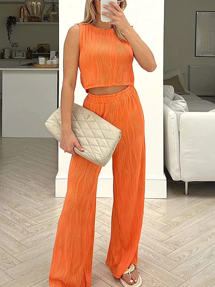1116 Women's Summer Suit European and American Solid Color Water Wave Crew Neck Vest Top Straight Pants Two-piece Set