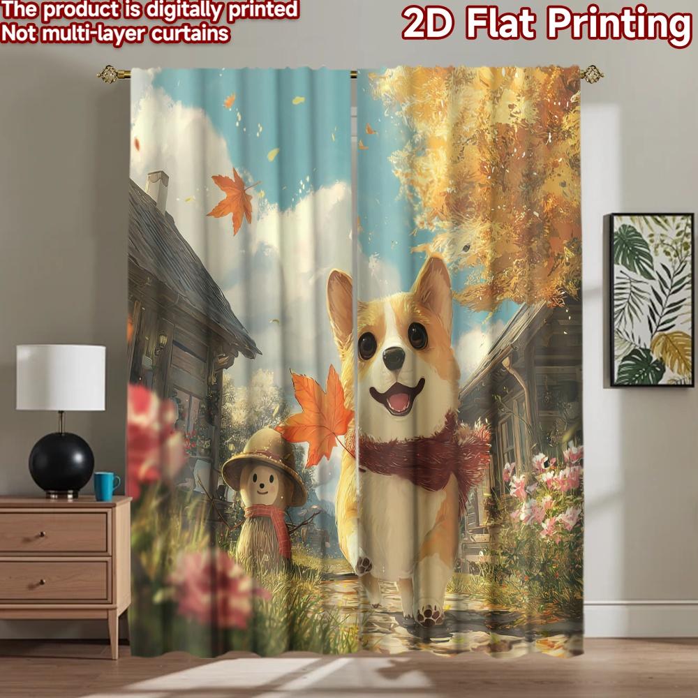 2D flat printing 2pcs Party Curtains Cute Shiba Inu Scarecrow Autumn Leaves Digital Printed Polyester Drapes Seasonal Party &