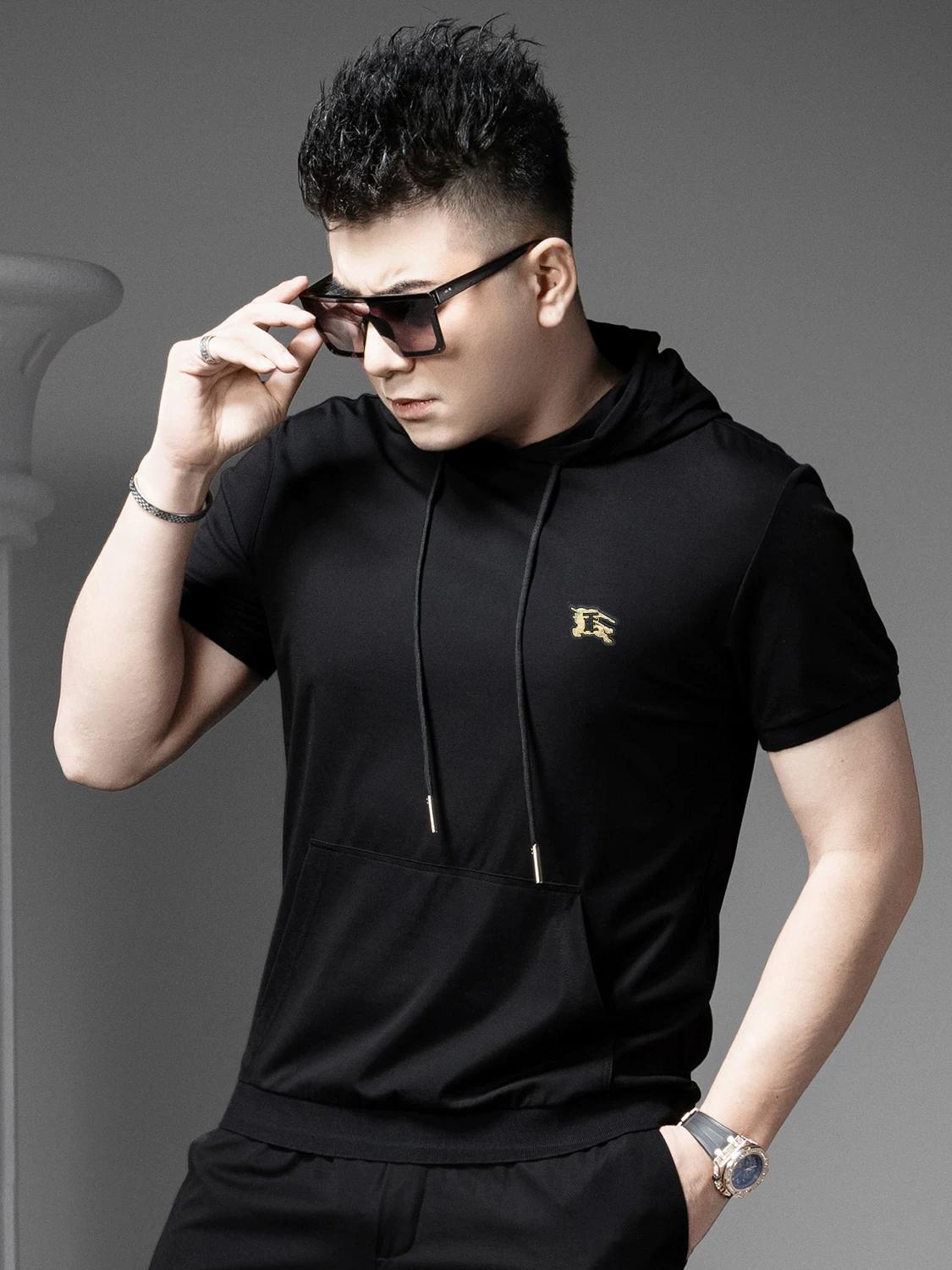 

European High-End Small-Label Short-Sleeved T-Shirt for Men 2025 New Summer Trendy Brand Casual Hooded Half-Sleeved Sweatshirt L чёрный