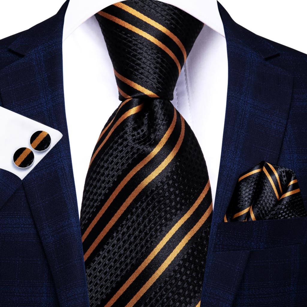 Hi-Tie Navy Blue Striped Silk Wedding Tie For Men Fashion Design Gift Men Necktie Hanky Cufflink Set Business Party Dropshiping