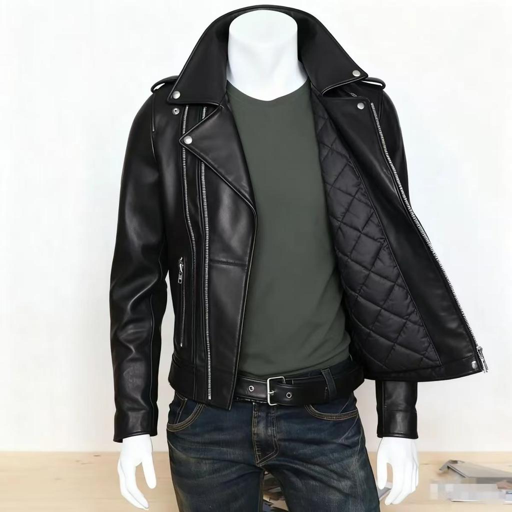 Spring and autumn new elegant men's motorcycle leather jacket, collared multi-zip men's leather jacket, large men's coat