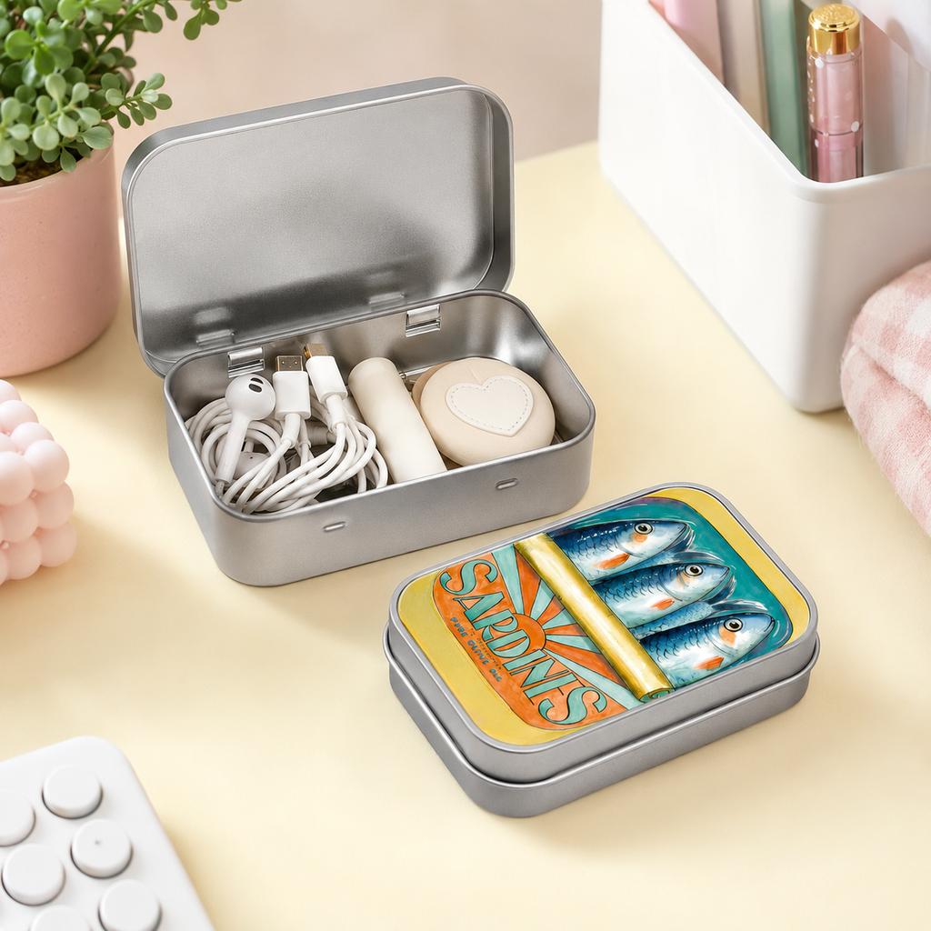 Retro Sardine Print Mini Metal Storage Tin, Portable Hinged Box for Earbuds Jewelry Pills Coins Travel Desk