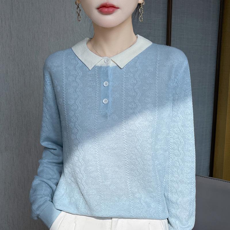 New Spring Autumn New Style Jacquard Knit Undershirt Inner Top Contrast Color Lapel Fashionable Women's Pullover Sweater