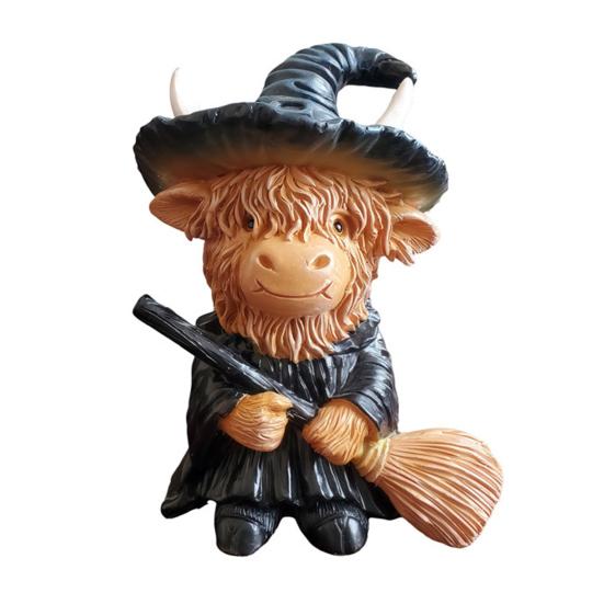 Highland Cow Resin Figurine Halloween Christmas Highland Cattle Cat Statue Animal Sculpture Holiday Party Decoration Ornament