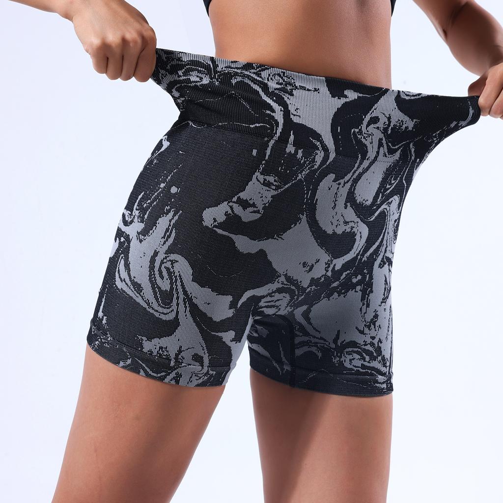 Sports shorts European print hip lift yoga pants women's belly fitness peach hip sports yoga shorts high waist pants
