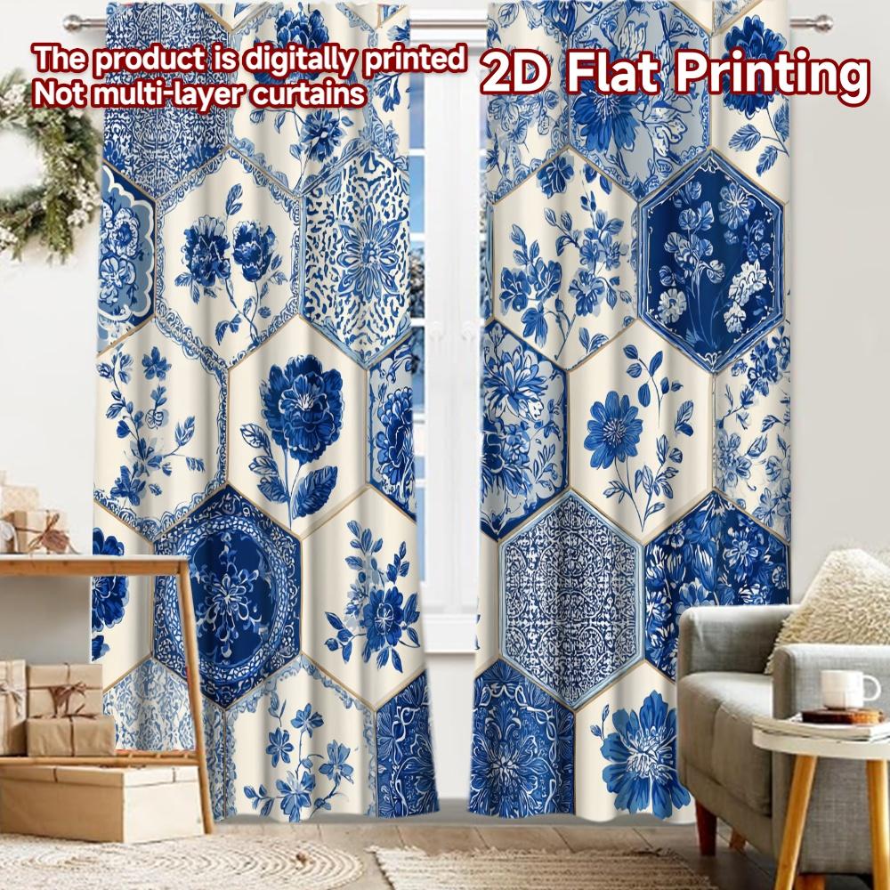 

2pcs, 2D FLAT PRINTING Curtains (Without Rod) Blue Hexa Pattern Modern Fashionable Curtainments Versatile Durable Polyester 52.50 × 116.00 cm 2 pcs