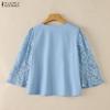 ZANZEA Women Casual Round Neck Loose Lace Splice 3/4 Sleeve Blouse