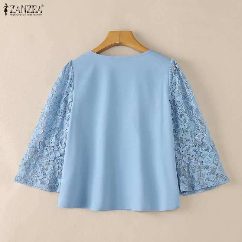 ZANZEA Women Casual Round Neck Loose Lace Splice 3/4 Sleeve Blouse