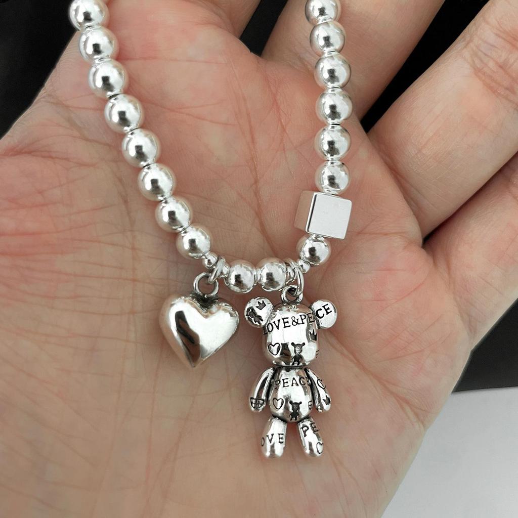 Korean S925 Silver Bear Bracelet: Retro Fashion Heart Bangle with Round Beads and Square Accents