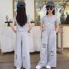 Girls Two Piece Set Ripped Holes Short Sleeve T-shirt Trackpants Wide Leg Pants Hip Hop Kids Clothes Teenage 6 To 18 Years