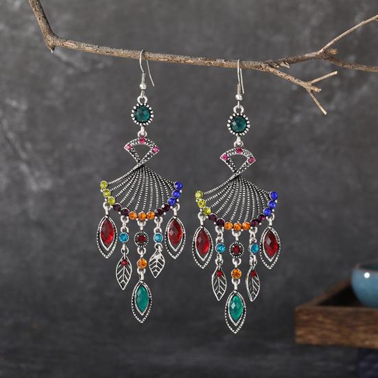 1 Pair Dangle Earrings Bohemian Retro Ethnic Style Long Tassel All-match Decoration Faux Crystal Women Hollow Fan-shaped Drop Earrings