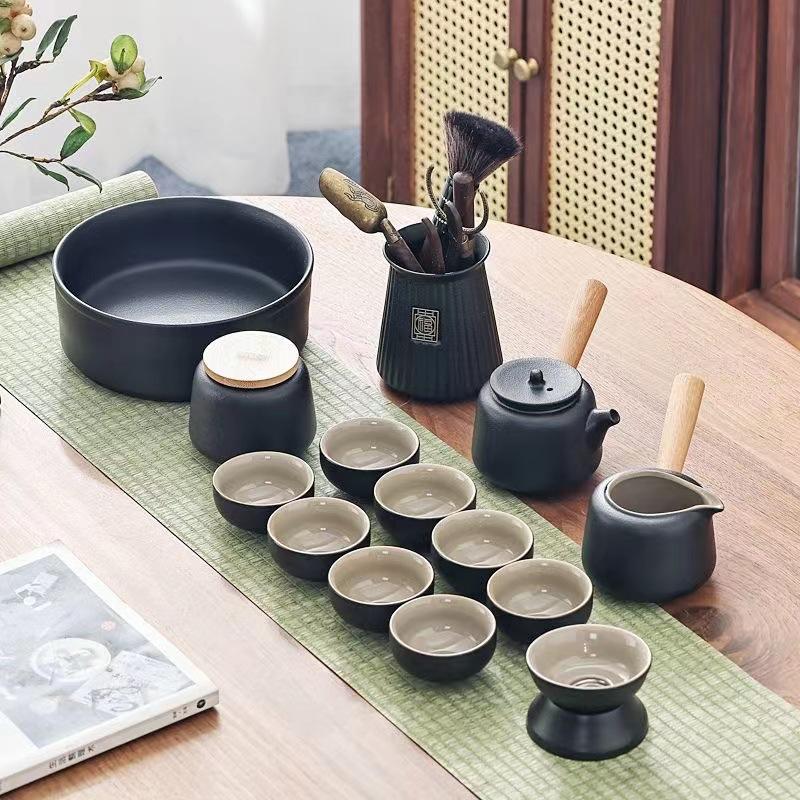 Black pottery Kung Fu tea set Household Japanese simple teapot Teacup complete set Dry brewing pot Hotel tea tray side handle pot