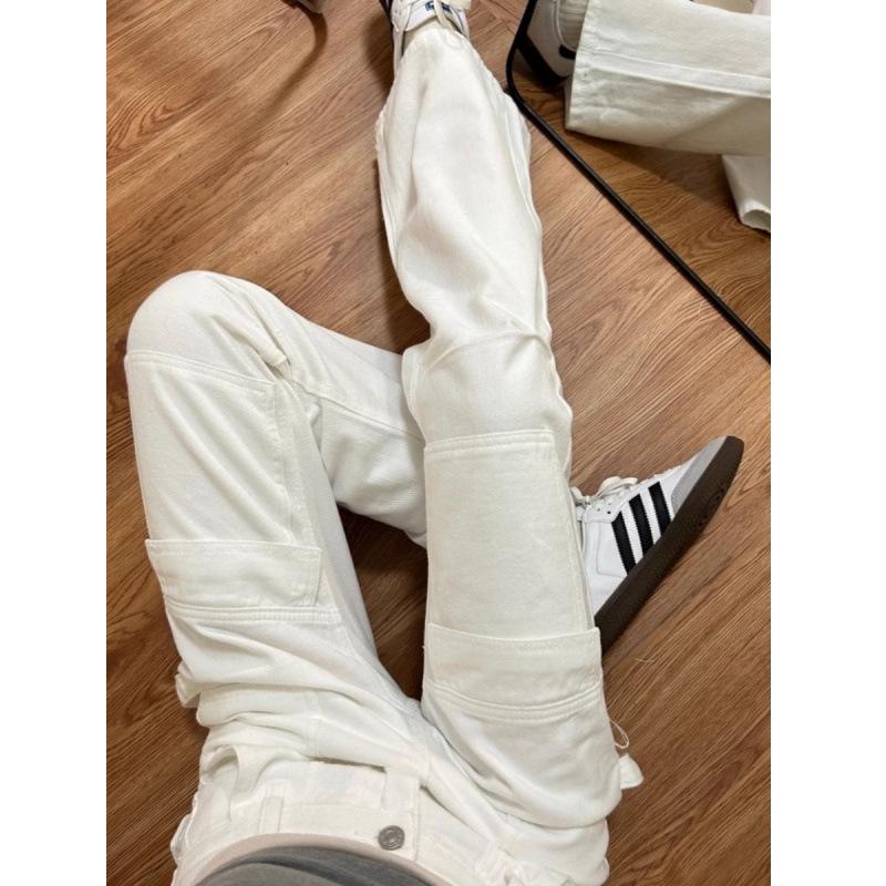 Women's High-Waist American Retro White Wide-Leg Cargo Jeans