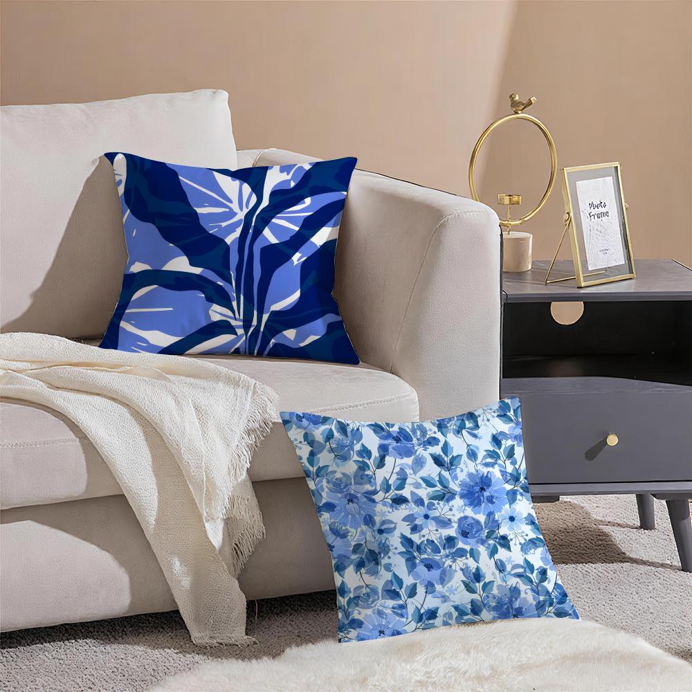 Simple Elegant Artistic Blue Floral Pillow Case Double-Sided Printing Short Plush Sofa Cushion Cover Bedroom Bedside Pillow