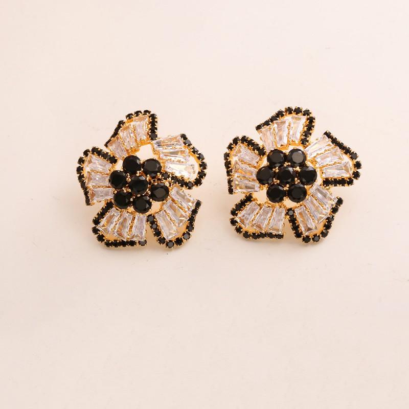 Elegant Hepburn Style Zircon Flower Stud Earrings Women Gold Black Options Sterling Post Fine Jewelry