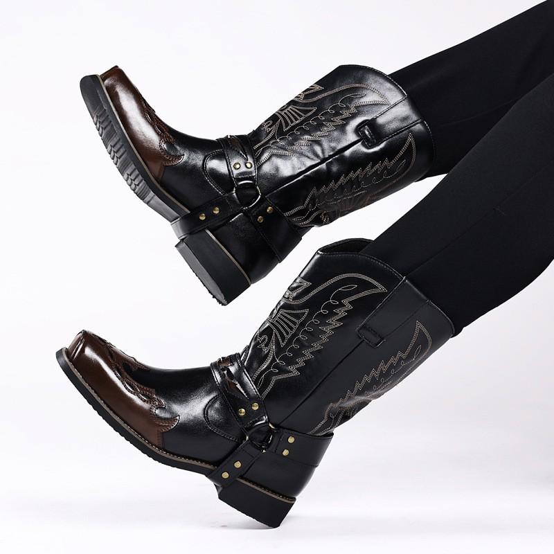 Bottes d'équitation western pour homme, bout carré, mi-mollet, en cuir, mode décontractée, semelle épaisse