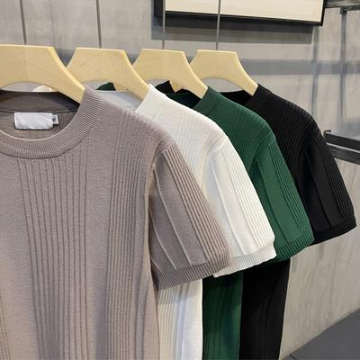 Herren Strick T-Shirt Kurzarm Schwergewicht Sommer Slim Fit Lässig Gestreiftes T-Shirt Strickwaren Ärmel Koreanischer Trend Hochelastisch