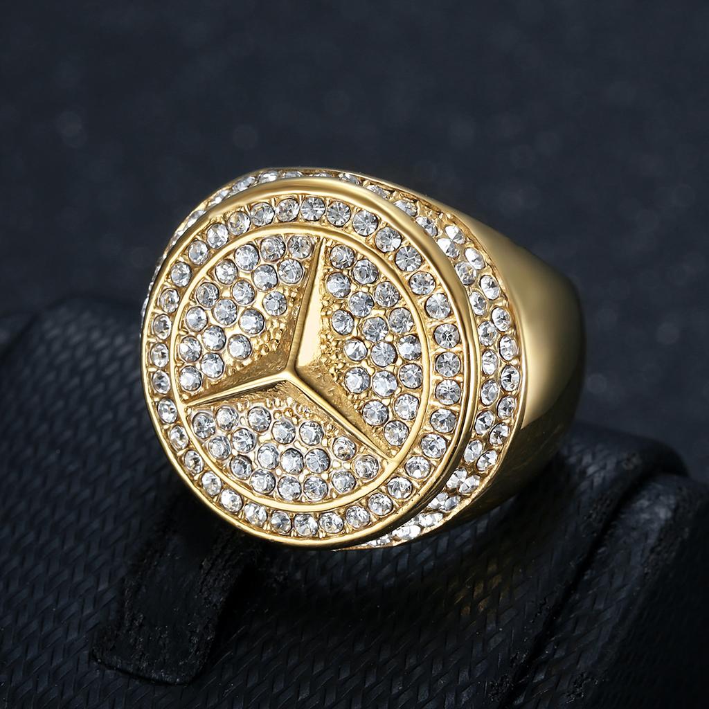 New Hip-Hop Hot-Selling Ring Titanium Steel Gold-Plated Inlaid Diamond Mercedes Logo Men's Ring