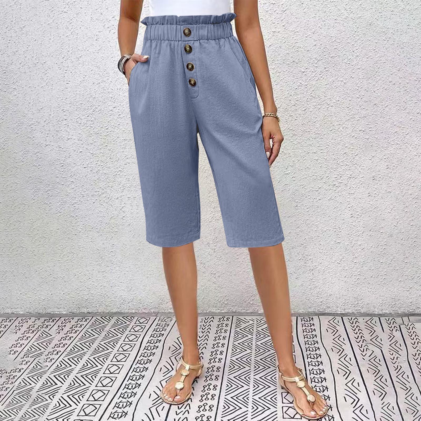 

New Solid Color Cotton And Linen Pocket Button Women S Casual Pants Shorts XL світло-синій колір