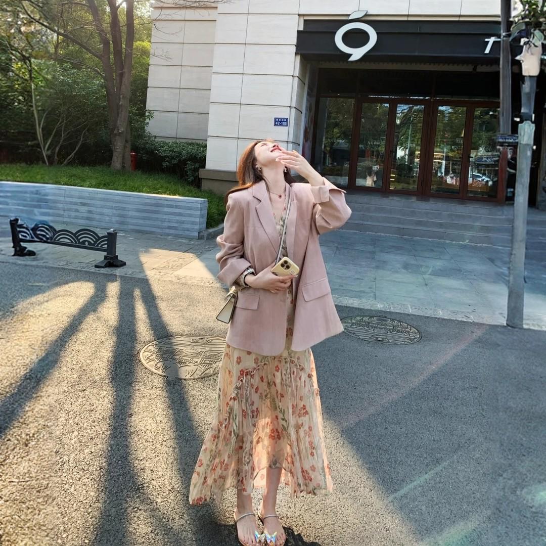 2026 Spring Collection: Elegant Pink Suit and Slimming Vintage Dress Set XXL