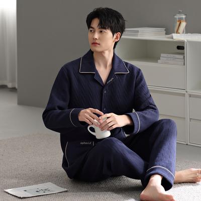 Men'S Pajamas Autumn And Winter Thickened Pure Cotton Long-Sleeved Air Cotton Interlayer Long-Sleeved Warm Loungewear Set