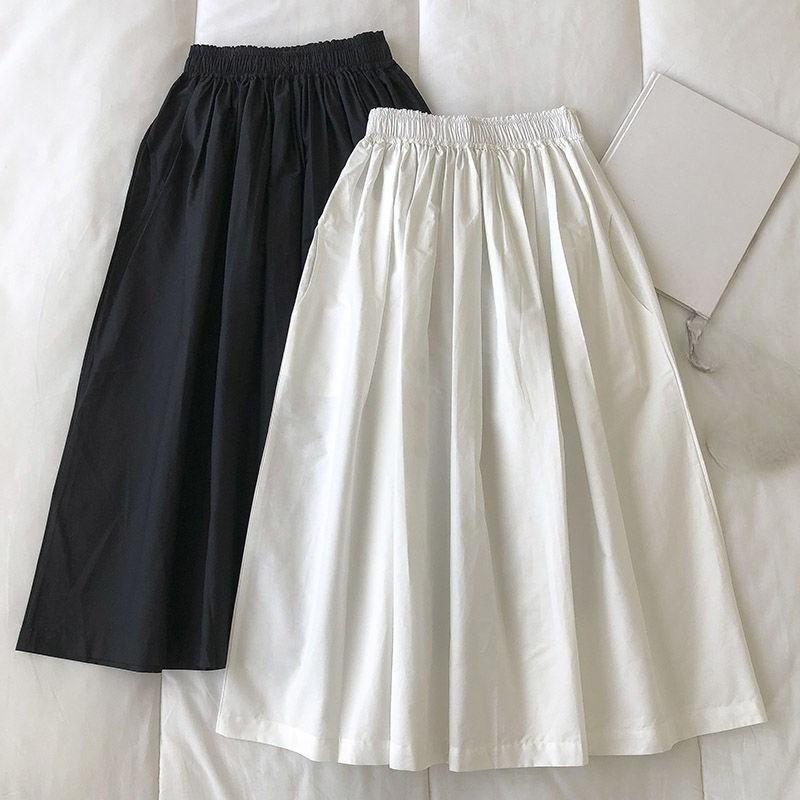 Damen Schwarz Rock Midi Hohe Taille Koreanischer Stil Falten A-Linie Vintage Kleidung Sommer Lässig Mode Damen Arbeitskleidung