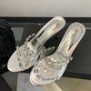 PVC Transparent Women Slippers Sandals Fashion Round Open Toe Diamond Rivets Designer High Heels Mules Slides Shoes Silver