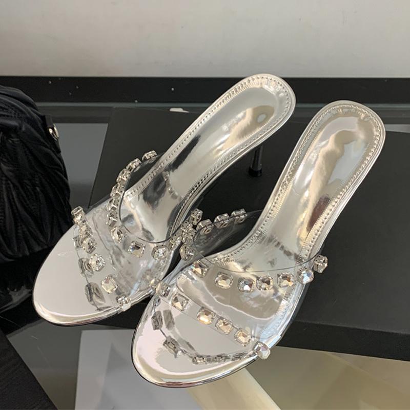 PVC Transparent Women Slippers Sandals Fashion Round Open Toe Diamond Rivets Designer High Heels Mules Slides Shoes Silver