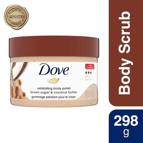 DOVE Exfoliating Body Polish Scrub Dry Skin Brown Sugar & Coconut Butter,Gently Exfoliates & Moisturizes Instant Soft &Sulfate-Free,Coconut Scent,298G