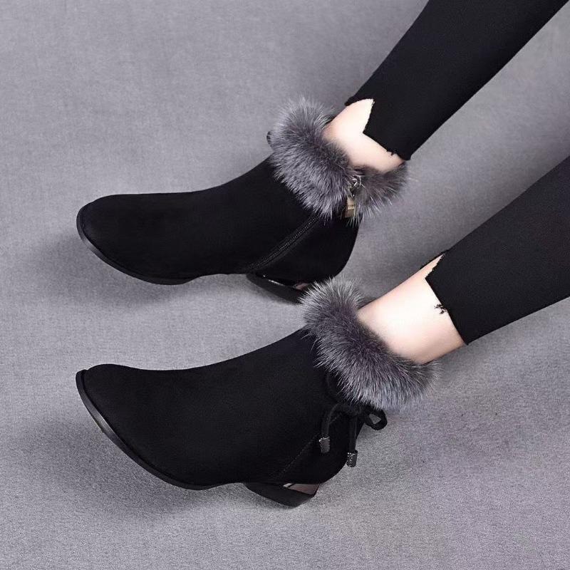 New Comfortable Low-heeled Small Short Boots, Fleece Autumn and Winter Fluffy Shoes, Round Head Suede Matte Soft Leather and Ankle Boots