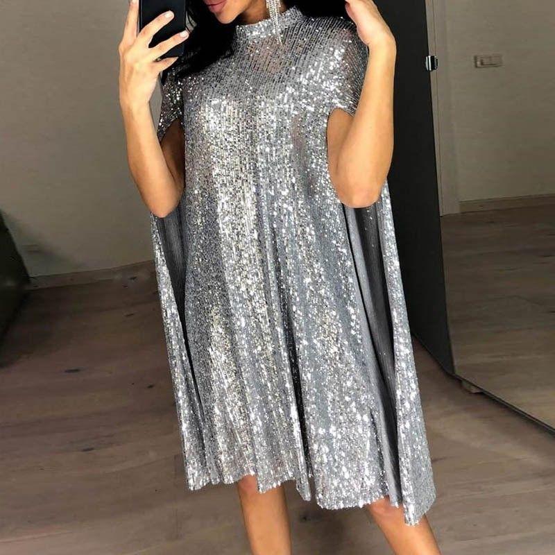

2025 Stand up Collar Sequin Dress Loose WOMEN S Clothing Silver L