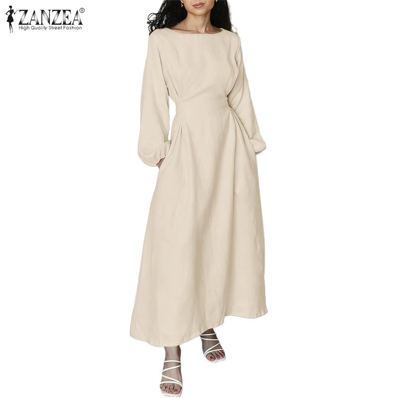 ZANZEA Women Casual Round Neck Solid Color Loose Long Sleeve Long Dress