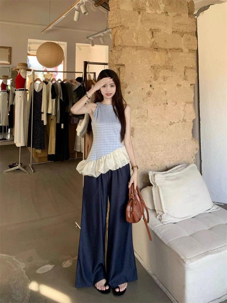 Spring Slim Plaid Sleeveless Patchwork Camisole for Women